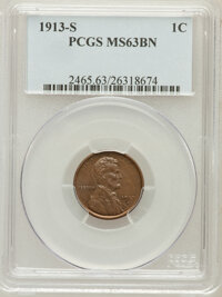 Lincoln Cents: , 1913-S 1C MS63 Brown PCGS. PCGS Population (51/36). NGC Census:(74/62). Mintage: 6,101,000. Numismedia Wsl. Price for prob...