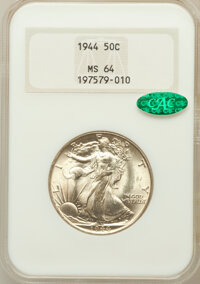 Walking Liberty Half Dollars: , 1944 50C MS64 NGC. CAC. NGC Census: (2783/4065). PCGS Population(4449/5337). Mintage: 28,206,000. Numismedia Wsl. Price fo...