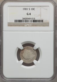 Barber Dimes: , 1901-S 10C Good 4 NGC. NGC Census: (11/98). PCGS Population(12/164). Mintage: 593,022. Numismedia Wsl. Price for problem f...