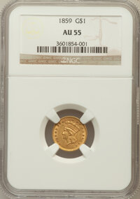 Gold Dollars: , 1859 G$1 AU55 NGC. NGC Census: (21/322). PCGS Population (23/250).Mintage: 168,244. Numismedia Wsl. Price for problem free...