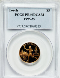 Modern Issues: , 1995-W G$5 Olympic/Torch Runner Gold Five Dollar PR69 Deep CameoPCGS. PCGS Population (2398/152). NGC Census: (1178/591). ...