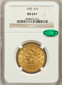 Liberty Eagles: , 1905 $10 MS63+ NGC. CAC. NGC Census: (289/223). PCGS Population(211/103). Mintage: 200,900. Numismedia Wsl. Price for prob...