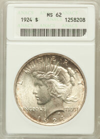 Peace Dollars: , 1924 $1 MS62 PCGS. PCGS Population (2180/26256). NGC Census:(943/36847). Mintage: 11,811,000. Numismedia Wsl. Price for pr...