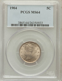 Liberty Nickels: , 1904 5C MS64 PCGS. PCGS Population (361/255). NGC Census:(246/203). Mintage: 21,404,984. Numismedia Wsl. Price forproblem...