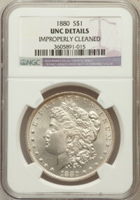 Morgan Dollars, 1880&Acirc;&pound;1 Q -- Improperly Cleaned -- NGC Details. UNC. NGC Census:(38/11094). PCGS Population (55/10449). Mintage: 12,...