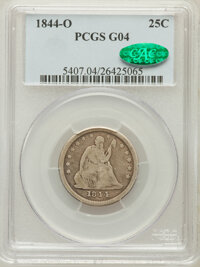 Seated Quarters: , 1844-O 25C Good 4 PCGS. CAC. PCGS Population (2/74). NGC Census:(0/45). Mintage: 740,000. Numismedia Wsl. Price for proble...