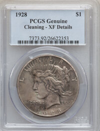 Peace Dollars: , 1928 $1 -- Cleaned -- PCGS Genuine. XF Details. NGC Census:(48/5743). PCGS Population (98/7798). Mintage: 360,649. Numisme...