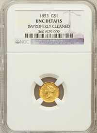Gold Dollars: , 1853 G$1 -- Improperly Cleaned -- NGC Details. UNC Details. NGCCensus: (240/7739). PCGS Population (160/3526). Mintage...