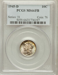 Mercury Dimes: , 1945-D 10C MS66 Full Bands PCGS. PCGS Population (1932/229). NGCCensus: (1236/327). Mintage: 40,245,000. Numismedia Wsl. P...