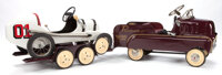 General Americana, ENAMELED METAL PEDAL CAR RACER AND TOW CAR. 20th century. 11 x 22.5x 43 inches (trailer). 20 x 18 x 41 inches (white racer)... (Total:3 Items)