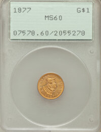 Gold Dollars: , 1877 G$1 MS60 PCGS. PCGS Population (7/109). NGC Census: (7/110).Mintage: 3,920. Numismedia Wsl. Price for problem free NG...