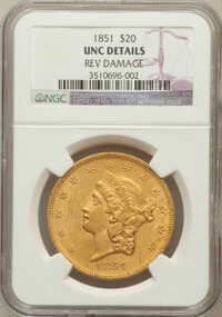 Liberty Double Eagles: , 1851 $20 -- Reverse Damaged -- NGC Details. Unc. NGC Census:(13/54). PCGS Population (7/106). Mintage: 2,087,155. Numismed...