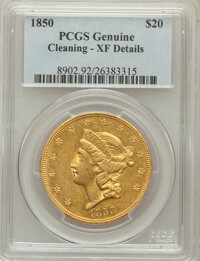 Liberty Double Eagles: , 1850 $20 -- Cleaned -- PCGS Genuine. XF Details. NGC Census:(121/1006). PCGS Population (120/591). Mintage: 1,170,261. Num...