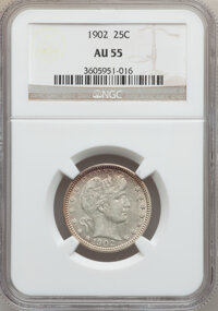 Barber Quarters: , 1902 25C AU55 NGC. NGC Census: (7/204). PCGS Population (17/259).Mintage: 12,197,744. Numismedia Wsl. Price for problem fr...