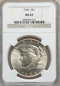Peace Dollars: , 1935 $1 MS63 NGC. NGC Census: (1667/2768). PCGS Population(2214/3112). Mintage: 1,576,000. Numismedia Wsl. Price for probl...