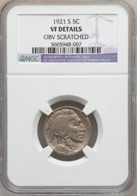 Buffalo Nickels: , 1921-S 5C -- Obv Scratched -- NGC Details. VF. NGC Census:(78/542). PCGS Population (112/780). Mintage: 1,557,000. Numisme...