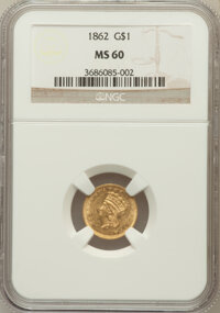 Gold Dollars: , 1862 G$1 MS60 NGC. NGC Census: (66/2417). PCGS Population(64/1663). Mintage: 1,361,390. Numismedia Wsl. Price for problem...