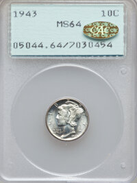 Mercury Dimes, 1943 10C MS64 PCGS. Gold CAC. PCGS Population (494/3099). NGCCensus: (155/2870). Mintage: 191,710,000. Numismedia Wsl. Pri...