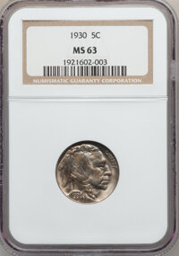 Buffalo Nickels: , 1930 5C MS63 NGC. NGC Census: (121/1025). PCGS Population(165/2199). Mintage: 22,849,000. Numismedia Wsl. Price forproble...