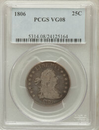 Early Quarters: , 1806 25C VG8 PCGS. PCGS Population (68/499). NGC Census: (40/284).Mintage: 206,124. Numismedia Wsl. Price for problem free...