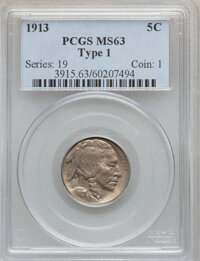 Buffalo Nickels: , 1913 5C Type One MS63 PCGS. PCGS Population (1130/8895). NGCCensus: (590/5860). Mintage: 30,993,520. Numismedia Wsl. Price...