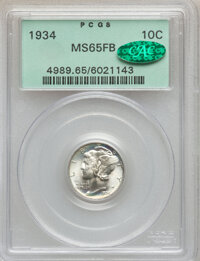 Mercury Dimes: , 1934 10C MS65 Full Bands PCGS. CAC. PCGS Population (524/589). NGCCensus: (166/217). Mintage: 24,080,000. Numismedia Wsl. ...