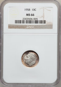 Roosevelt Dimes, 1958 10C Set of Seven Roosevelt Dime MS66 PCGS. This Set Includes:(3)1958 10C MS66 PCGS and (4) 1958 10C MS66 NGC.... (Total: 7coins)