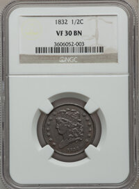 Half Cents: , 1832 1/2 C VF30 NGC. NGC Census: (15/534). PCGS Population (9/385).Mintage: 154,000. Numismedia Wsl. Price for problem fre...