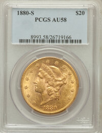 Liberty Double Eagles: , 1880-S $20 AU58 PCGS. PCGS Population (158/272). NGC Census:(371/318). Mintage: 836,000. Numismedia Wsl. Price for problem...