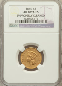 Three Dollar Gold Pieces: , 1874 $3 -- Improperly Cleaned -- NGC Details. AU. NGC Census:(103/2317). PCGS Population (179/1718). Mintage: 41,800. Numi...