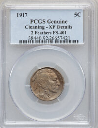 Buffalo Nickels, 1917 5C 2 Feathers FS-401-- Cleaning -- PCGS. XF Details. PCGSPopulation (5/1351). NGC Census: (4/862). Mintage: 51,424,02...