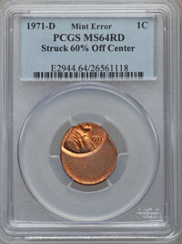Errors, 1971-D 1C Lincoln Cents --Struck 60% Off Center-- MS64 Red PCGS.PCGS Population (99/373). NGC Census: (23/134). Numismedi...