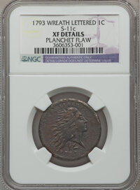 Large Cents, 1793 1C Wreath Cent, Lettered Edge -- Planchet Flaw -- NGC Details.XF. S-11c, B-16c, Low R.3....
