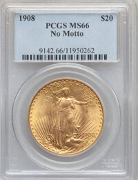 Saint-Gaudens Double Eagles, 1908 $20 No Motto MS66 NGC....