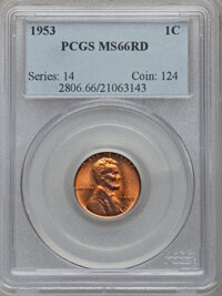 Lincoln Cents: , 1953 1C MS66 Red PCGS. PCGS Population (319/3). NGC Census:(1098/40). Mintage: 256,883,808. Numismedia Wsl. Price for prob...