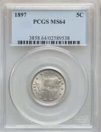 Liberty Nickels: , 1897 5C MS64 PCGS. PCGS Population (202/87). NGC Census: (147/69).Mintage: 20,428,736. Numismedia Wsl. Price for problem f...