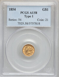 Gold Dollars: , 1854 G$1 Type One AU58 PCGS. PCGS Population (494/1266). NGCCensus: (402/3036). Mintage: 855,502. Numismedia Wsl. Price fo...