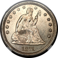 Seated Quarters, 1871-S 25C AU58 NGC....