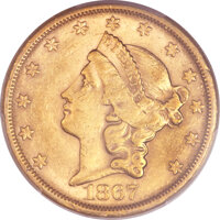 Liberty Double Eagles, 1867-S $20 AU58 PCGS. CAC....