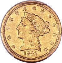 Liberty Quarter Eagles, 1842-D $2 1/2 AU50 PCGS. Variety 3-F....