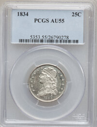 Bust Quarters, 1834 25C AU55 PCGS. B-1, FS-901, R.1....