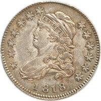 Bust Quarters, 1818 25C AU58 PCGS. CAC. B-4, R.2....