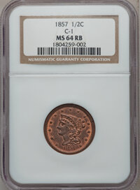 Half Cents, 1857 1/2 C MS64 Red and Brown NGC. C-1, B-1, R.2....