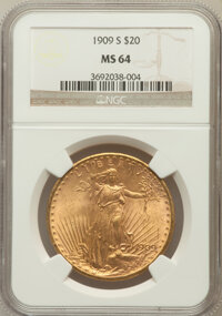 Saint-Gaudens Double Eagles: , 1909-S $20 MS64 NGC. NGC Census: (1372/232). PCGS Population(1806/303). Mintage: 2,774,925. Numismedia Wsl. Price for prob...