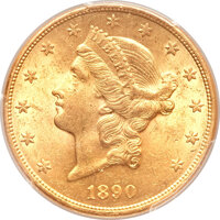 Liberty Double Eagles, 1890-CC $20 AU58 PCGS. Variety 1-A....