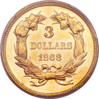 Three Dollar Gold Pieces, 1868 $3 MS62+ PCGS. CAC....