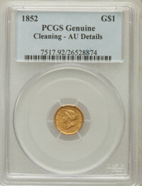 Gold Dollars, 1852 G$1 -- Cleaning -- PCGS Genuine. AU Details. NGC Census:(8/3668). PCGS Population (57/2136). Mintage: 2,045,351. ...