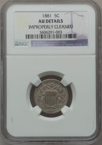 Shield Nickels: , 1881 5C -- Improperly Cleaned -- NGC Details. AU. NGC Census:(3/99). PCGS Population (5/134). Mintage: 68,800. Numismedia ...
