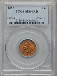 Indian Cents: , 1887 1C MS64 Red PCGS. PCGS Population (89/74). NGC Census:(34/26). Mintage: 45,226,484. Numismedia Wsl. Price for problem...