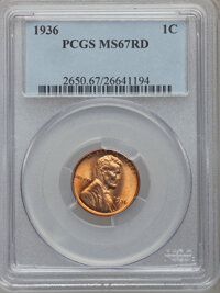Lincoln Cents: , 1936 1C MS67 Red PCGS. PCGS Population (210/0). NGC Census:(633/1). Mintage: 309,637,568. Numismedia Wsl. Price for proble...